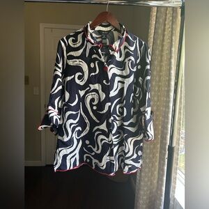 Ali Miles Navy and White Patterned Women's Top with Red Piping